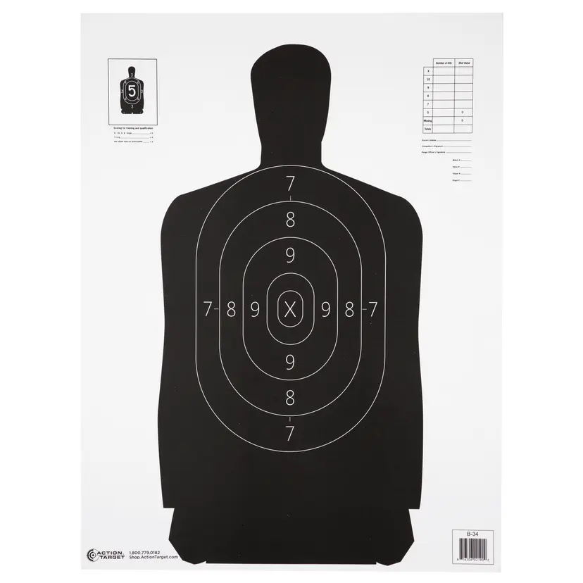 Action Target B-34 Qualification Targets Black 17.5x23 Inch 100 Pack – 25 Yard Reduced Police Silhouette - 1