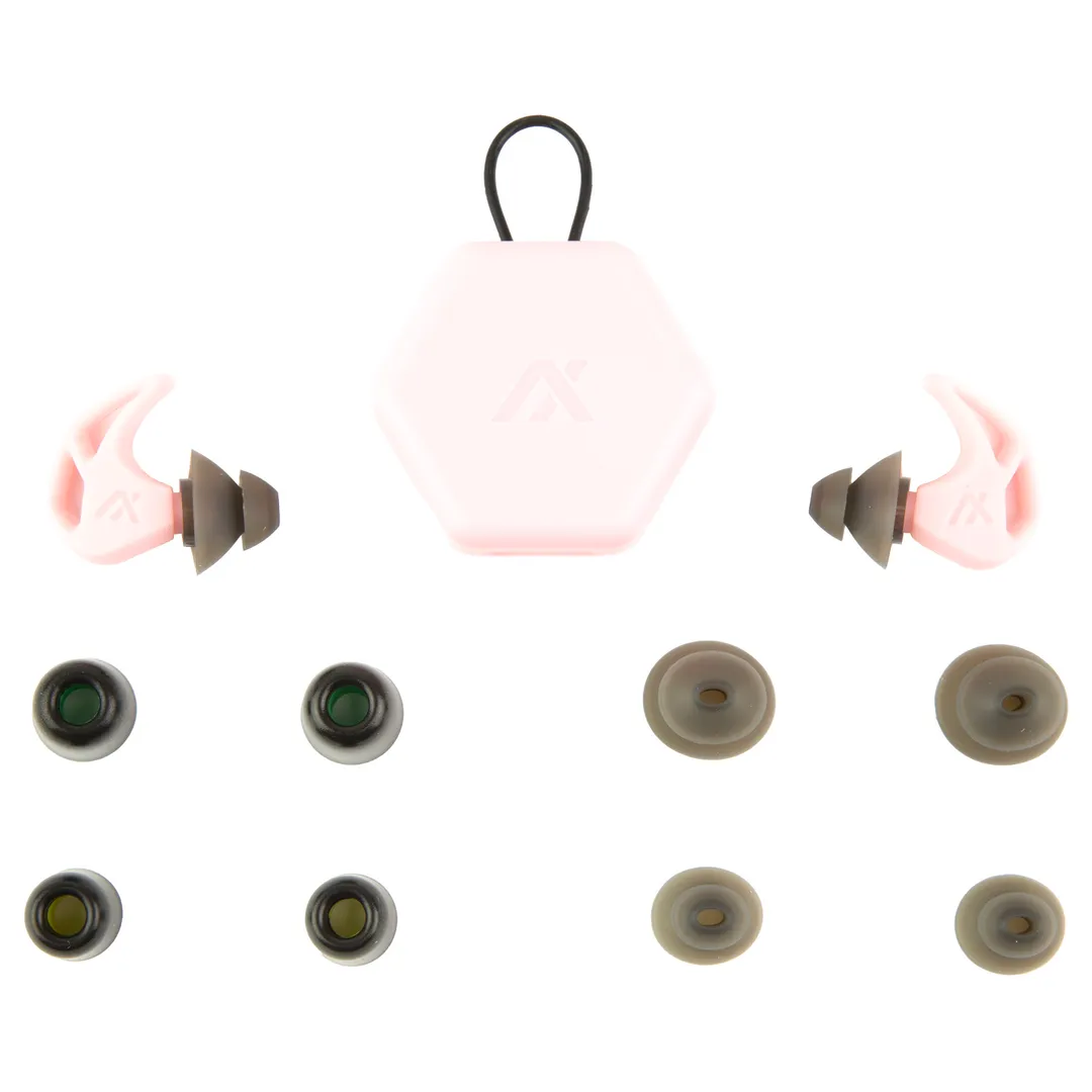 AXIL X20 Soft Pink Earplugs with 3 Silicone Tips, 2 Foam Tips and Carry Case