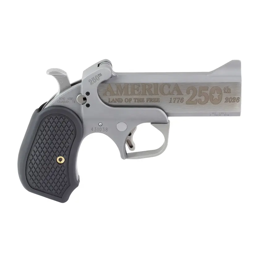 Bond Arms 250th Rough Series Derringer 45 Colt/410 2.5in Chamber 4.25in Engraved Flat Barrel Stainless Silver Black B6 Grips 2rd Trigger Guard - 1