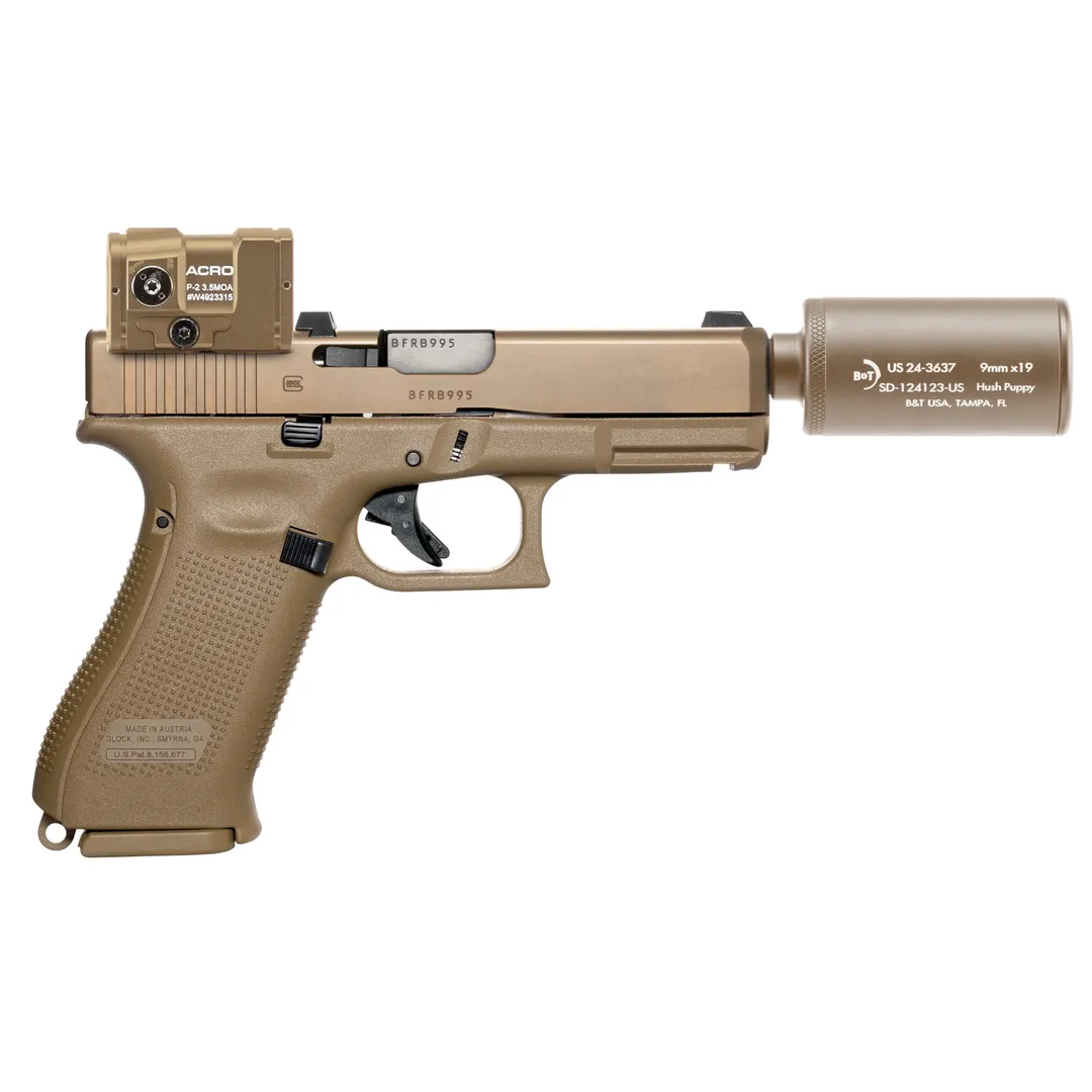 B&T Hush Puppy Kit 9mm Coyote 19X Compact Pistol w/ Aimpoint Acro P-2 & Model 2 Suppressor, 4in Threaded Barrel, 2x17rd Mags