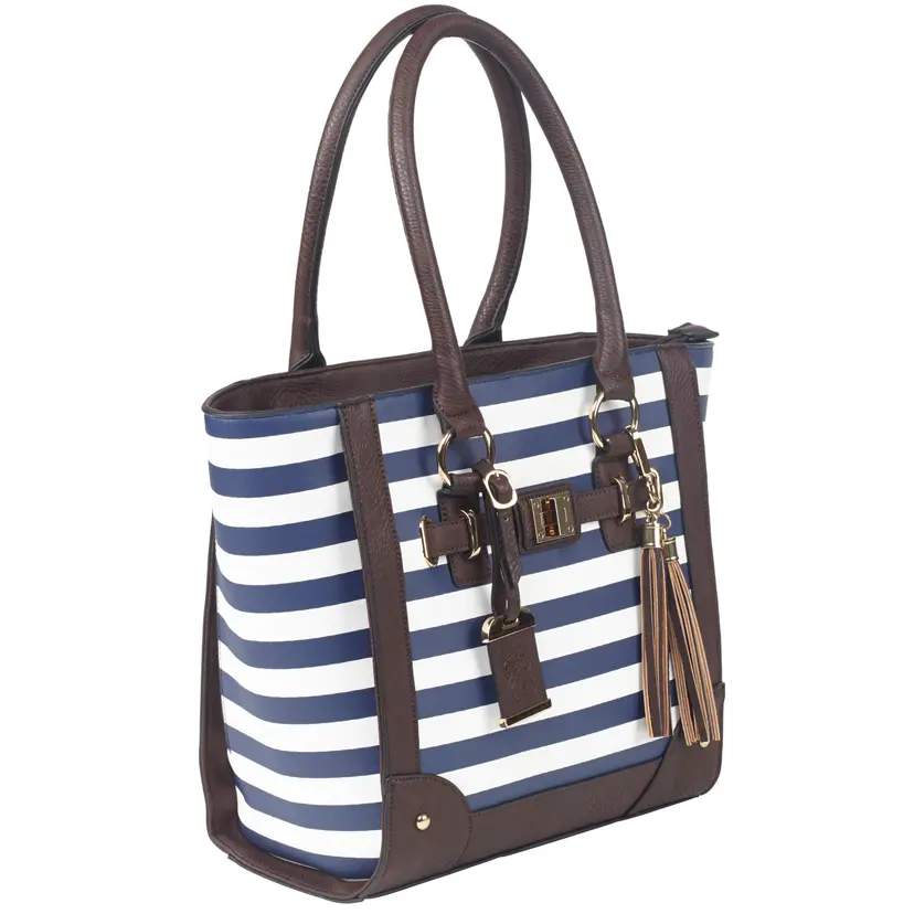 Bulldog Navy Tote Purse Holster for Small Autos – Leather Concealed Carry Bag with White Stripes - 1