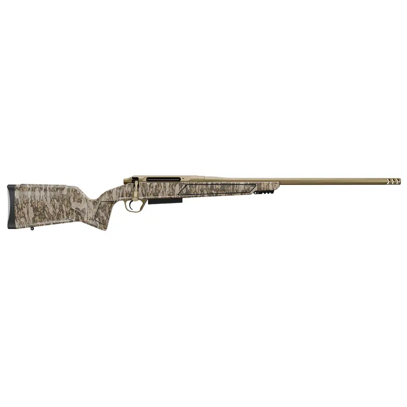 Christensen Arms Evoke 243 Win Bolt Action Rifle 20" FDE Cerakote, Mossy Oak Hybrid Hunter Stock, RFR Muzzle Brake, TriggerTech - 1