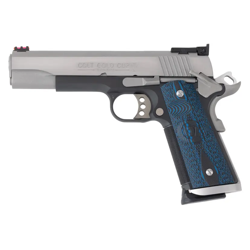Colt Gold Cup S70 1911 .45 ACP 5" 8rd Semi-Auto Handgun, Stainless/Blue, G10 Grips, Fiber Optic Sights - 1