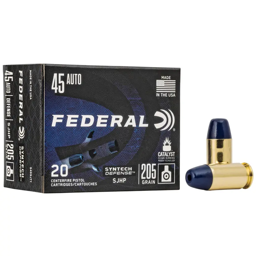 Federal Syntech Defense 45 ACP 205 Grain SJHP Ammo – 20 Rounds, Clean Burning Primer - 1