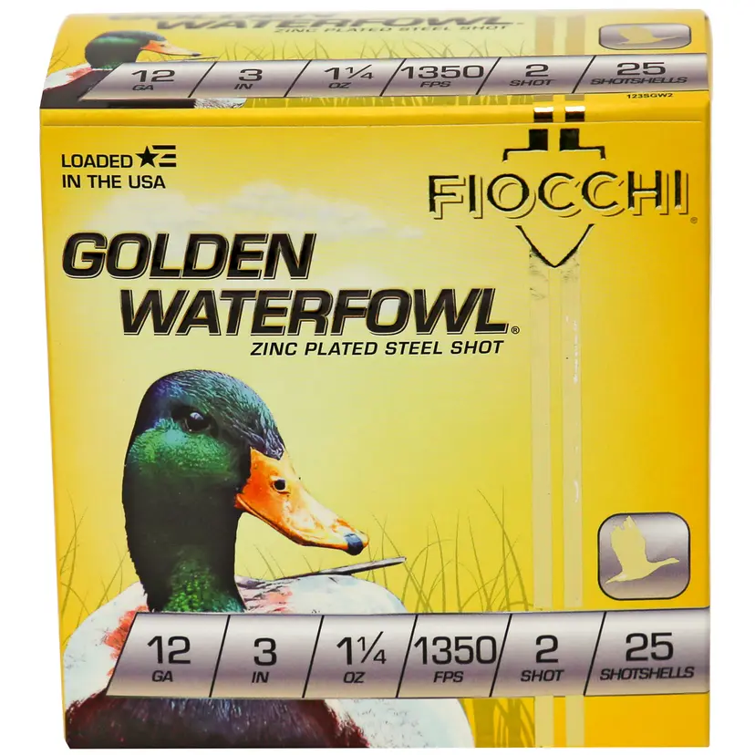Fiocchi 12 Gauge #2 Steel Shot Golden Waterfowl 3" Ammo – 25 Round Box - 1