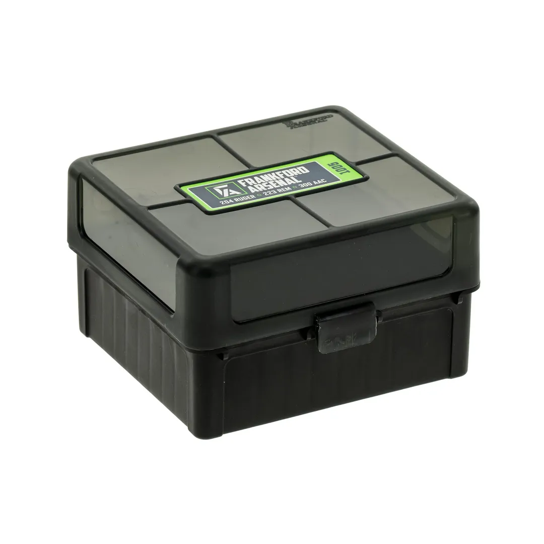 Frankford Arsenal 100-Round Ammo Box for .222/.223 Remington – Hinge-Top Plastic Case, Smoke Gray