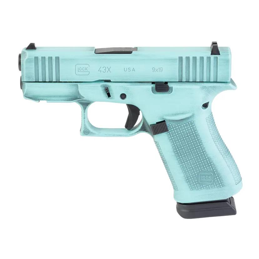 GLOCK 43X 9mm Sub-Compact Striker-Fired Pistol 3.41in Glock Marksman Barrel, Battle Worn Robin’s Egg Blue Cerakote, 15rd, 2 Magazines - 1