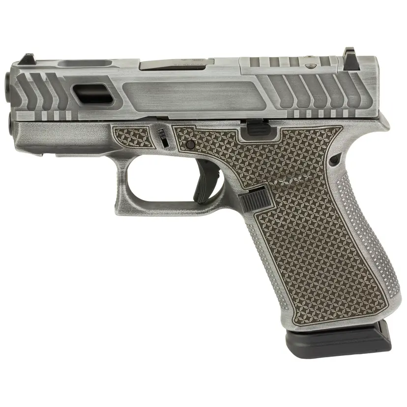 GLOCK 43X Hoth 9mm Sub-Compact Pistol 3.41in Barrel, Distressed Grey Cerakote, Greasy Cut Slide, Laser Stippled Grip, 15+1, 2 Mags - 1