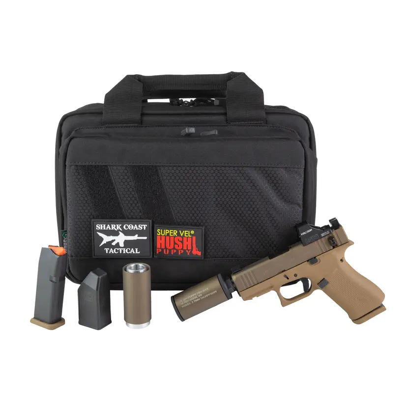 GLOCK 43X Hush Puppy 9mm Sub-Compact Pistol w/ Holosun 407K, 3.92in 1/2x28 Threaded Barrel, FDE Cerakote, 10rd, Compact Model 2 Suppressor - 1