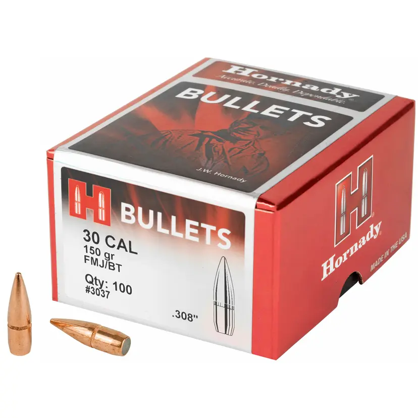 Hornady FMJ-BT 30 Cal .308 150 Grain Boat Tail Bullets – 100 Count Reloading Supplies - 1