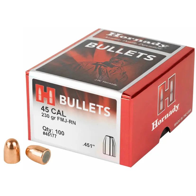 Hornady FMJ-RN 45 Cal .451 230 Grain Bullets – 100 Count Reloading Supplies - 1