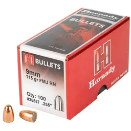 Hornady FMJ-RN 9mm Bullets .355 115gr Round Nose – 100 Count Reloading Supplies - 1