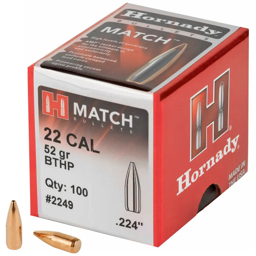 Hornady Match .224 52 Grain BTHP Bullets – 22 Caliber Reloading, 100 Count - 1