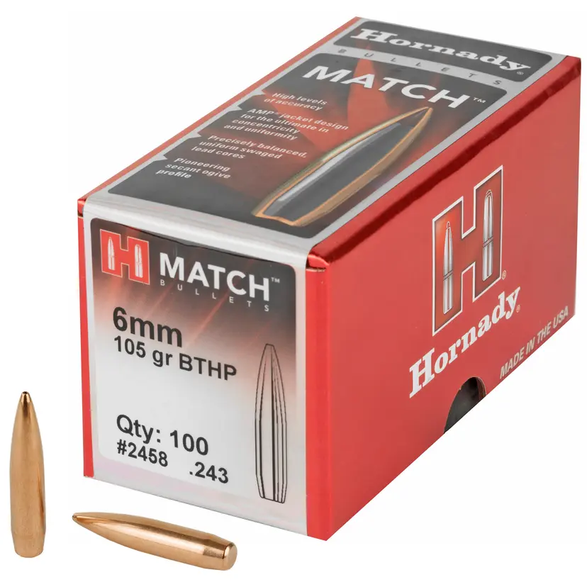Hornady Match 6MM .243 105gr BTHP Bullets – 100 Count Reloading Supplies - 1