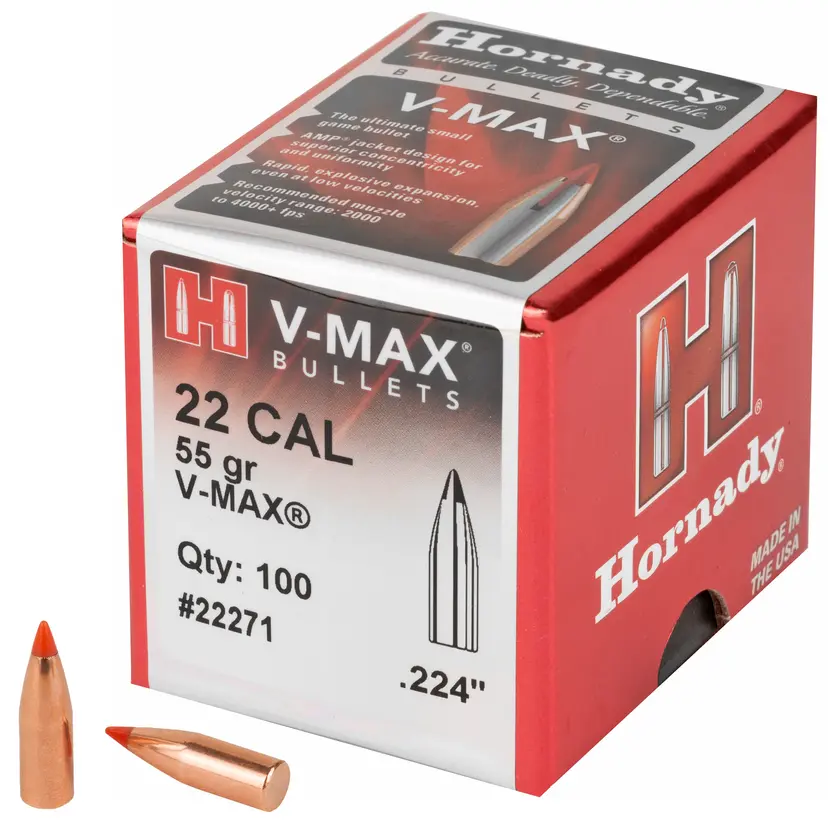 Hornady V-MAX 22 Cal .224 55gr Ballistic Tip Bullets – 100 Count - 1