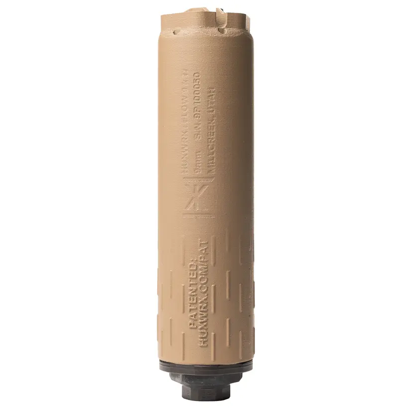 HUXWRX FLOW 9K Ti 9mm Suppressor FDE Flat Dark Earth Titanium w 1 2x28 Booster - 1