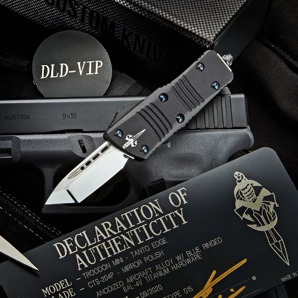 Marfione Custom Troodon Mini - Tanto Edge Mirror Polish Anodize Alloy w/ Blue Ringed Titanium Hardware - 1