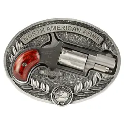 North American Arms NAA Mini Revolver .22 LR 1.125in Barrel 5-Round Stainless Matte, Wood Grips, Oval Ornate Belt Buckle - 1