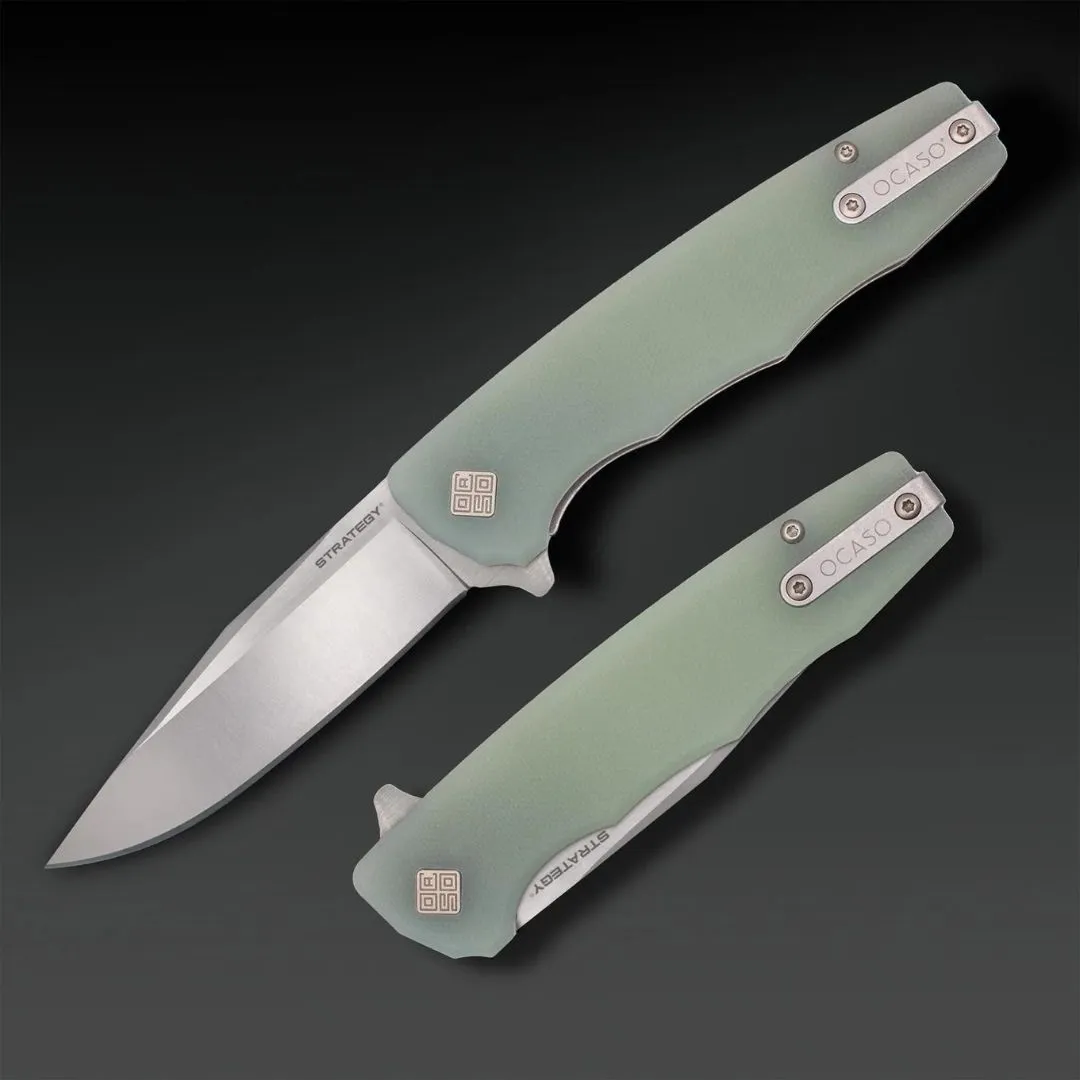 Ocaso Knives The Strategy 3.5" K110 Satin Clip Point Blade Jade G10 Handles