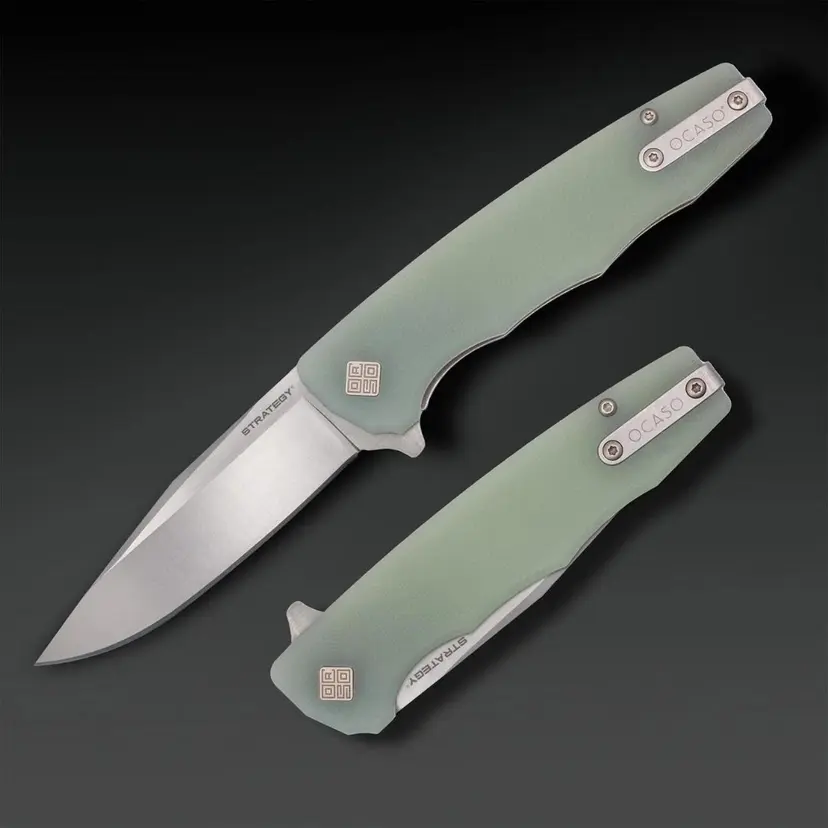 Ocaso Knives The Strategy 3.5" K110 Satin Clip Point Blade Jade G10 Handles - 1