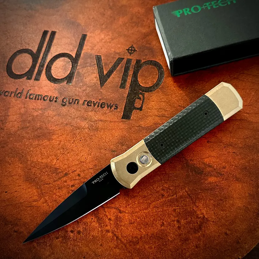 Pro-Tech Knives Godsun Auto Folder DLC Blade SW Bronze AL Handle Carbon Fiber Inlay BLK Pearl Button LIMITED - 1