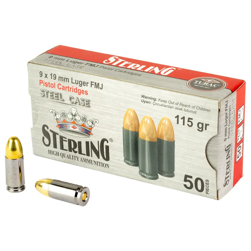 Sterling 9mm 115gr FMJ Steel Case Ammunition – 50 Round Box - 1