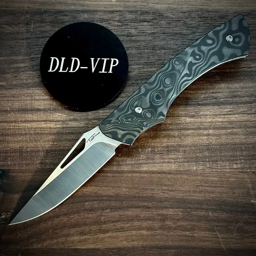 Tuch Knives Klick Dual Action Scale Release Black Rain Drop Carbon Fiber Satin Blade - 1