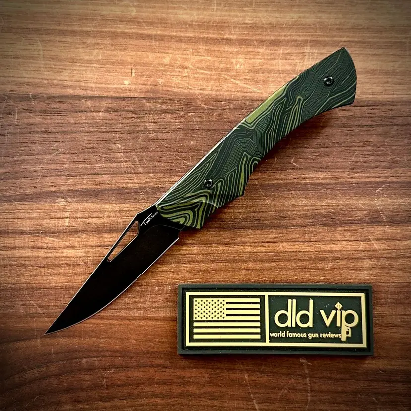 Tuch Knives Klick Dual Action Scale Release Green Rain Drop Carbon Fiber PVD Blade - 1