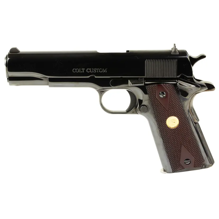 Colt Government Model 1911 .38 Super Full-Size Semi-Auto Pistol 5in Barrel Royal Blue 9+1 Fixed Sights Double Diamond Gold Medallion Grips Webinar - 1