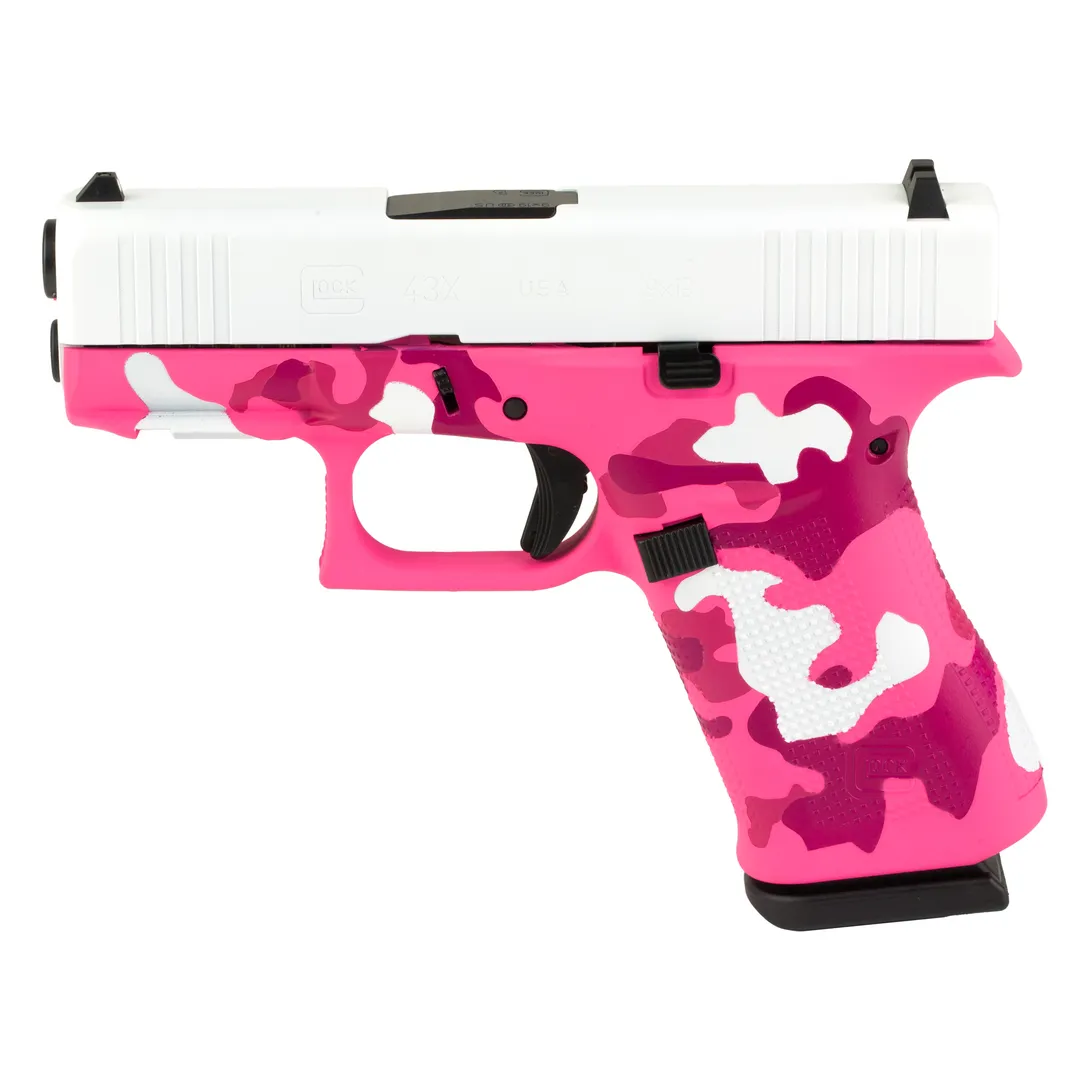 GLOCK 43X 9mm Striker-Fired Sub-Compact Pistol 3.41in Barrel Pink Commando Camo Skydas Cerakote 10+1 2 Mags Webinar