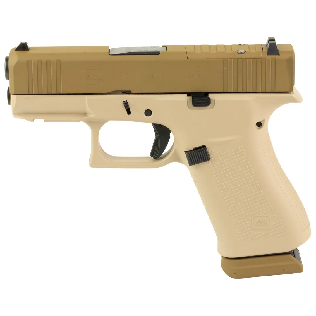 GLOCK 43X 9mm Sub-Compact Striker-Fired Pistol 3.41in Barrel Two-Tone Tan Cerakote 15+1 2 Magazines Webinar