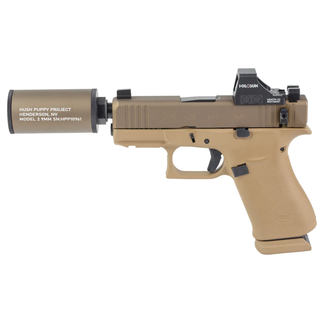 GLOCK 43X Hush Puppy 9mm Sub-Compact Pistol FDE 3.92in Threaded Barrel 1/2x28 Holosun 407K 15rd w/ Model 2 Suppressor Webinar