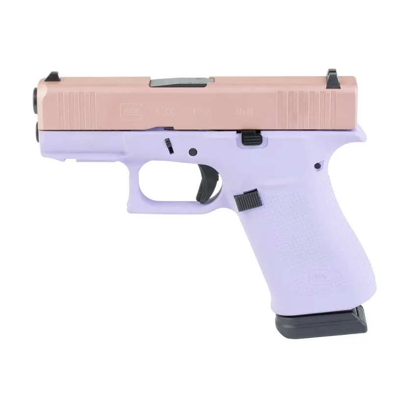 GLOCK 43X Lavender Luxe 9mm Sub-Compact Striker-Fired Pistol 3.41in Barrel Rose Gold Slide 15+1 2 Mags Webinar - 1