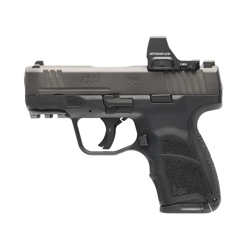 Heckler & Koch CC9 9mm Sub-Compact Striker-Fired Pistol 3.32in Barrel Black DLC, Tritium Night Sight, 10/12-Round, Vortex Defender Red Dot Webinar - 1