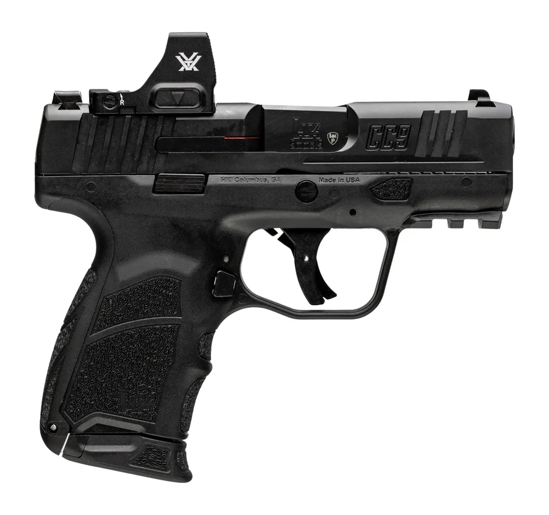 Heckler & Koch CC9 9mm Sub-Compact Striker-Fired Pistol 3.32in Black DLC 10rd with Vortex Defender Red Dot Webinar