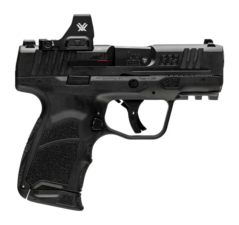 Heckler & Koch CC9 9mm Sub-Compact Striker-Fired Pistol 3.32in Black DLC 10rd with Vortex Defender Red Dot Webinar - 1
