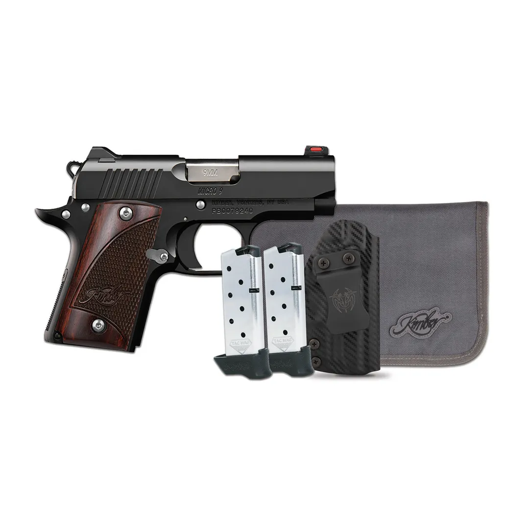 Kimber Micro 9 RTC 9mm 1911-Style Semi-Auto Pistol 3.15in Black KimPro II Rosewood Grips 7+1 2 Mags Fiber Optic Sight with Ambi Holster Bundle Webinar