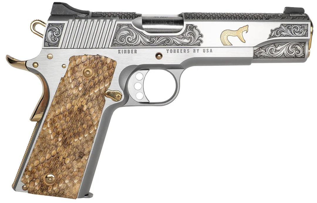 Kimber 1911 CNC Firearms Rattler 1911 45ACP Stainless w/ Gold Plating Steel Engraved/Serrated Snakeskin Grip Webinar