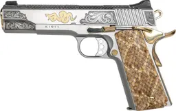 Kimber 1911 CNC Firearms Rattler 1911 45ACP Stainless w/ Gold Plating Steel Engraved/Serrated Snakeskin Grip Webinar - 2