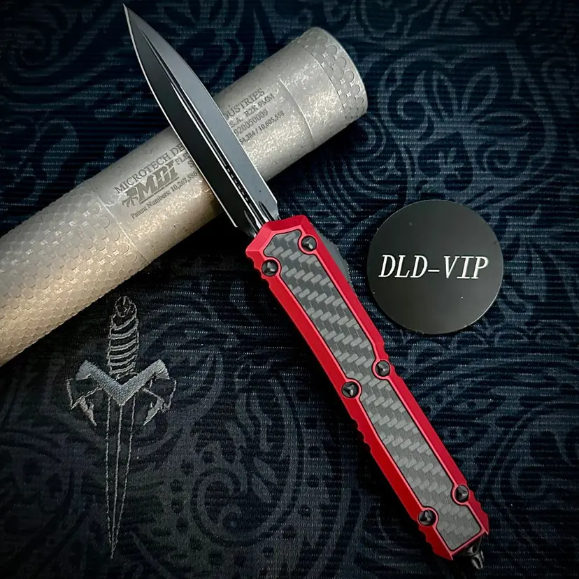 Microtech Makora D/E Signature Series Red Standard Nickel Boron Internals Carbon Fiber Inlay 206-1 R - 1