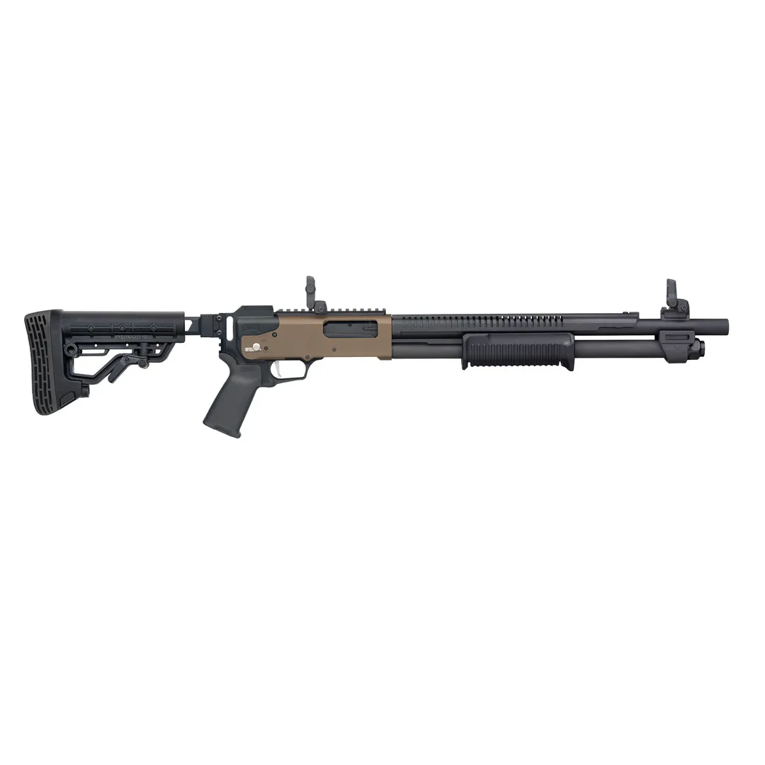 Mossberg 590R 12 Gauge Pump-Action Shotgun 18.5in Barrel 6-Round 2.75in Chamber FDE Cerakote Folding Adjustable Stock Magpul MOE Grip Webinar
