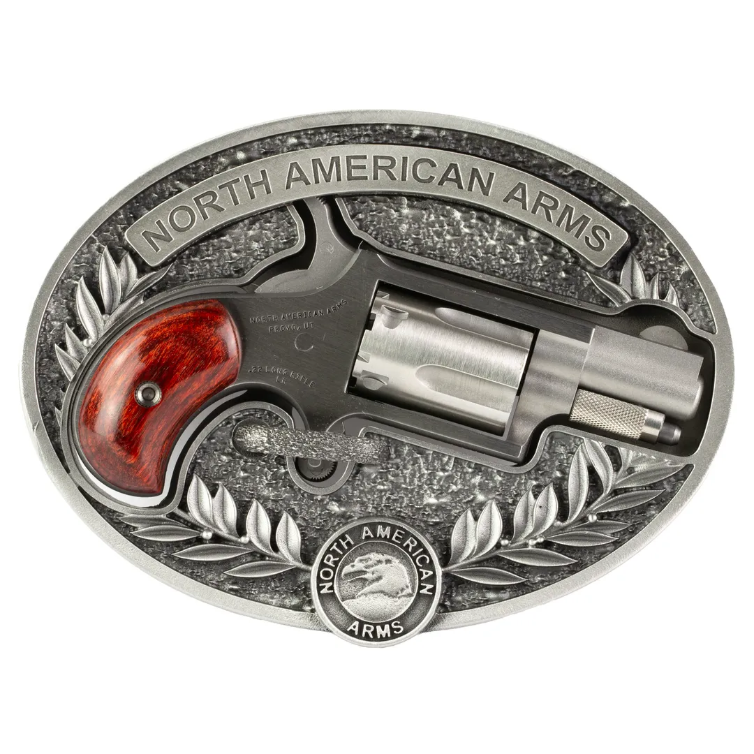 North American Arms NAA Mini Revolver .22 LR 1.125in Barrel 5-Round Stainless Matte, Wood Grips, Oval Ornate Belt Buckle Webinar