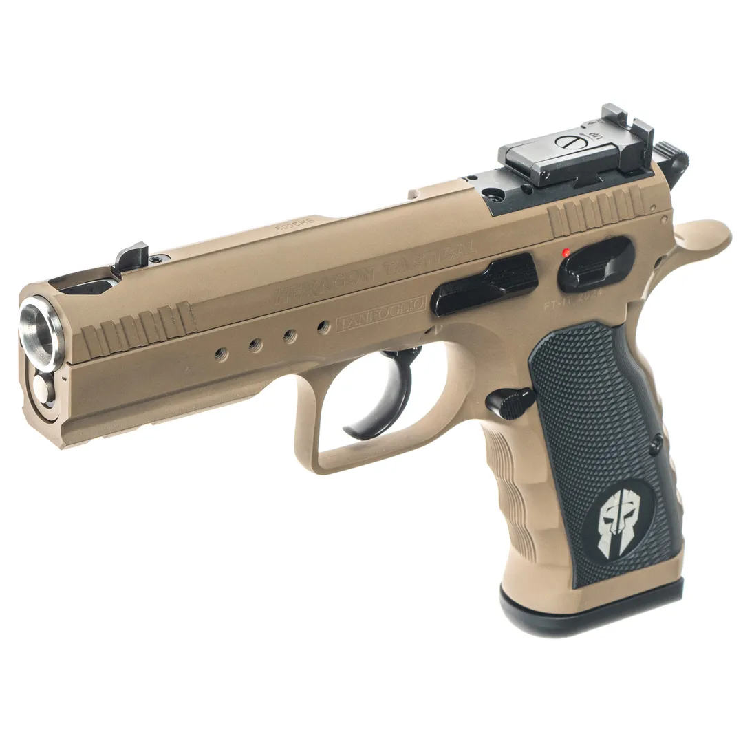Tanfoglio HXGN TAC 10MM 4.45" Optics Ready Handgun, DA/SA Steel Frame, 15-Round, Flat Dark Earth Webinar
